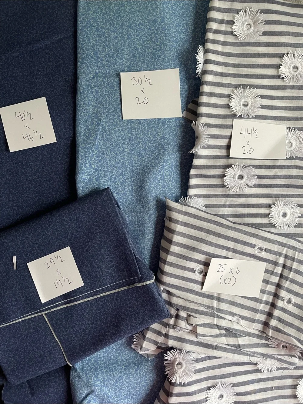 ✨$10 OFF $30✨ Cotton Fabric Remnants Blue Vine Print Stripe Embroidered Floral